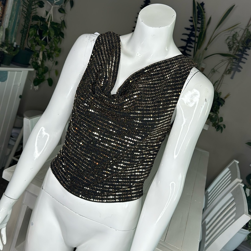 Electrica, gold and black shiny sequin blouse size large NWT